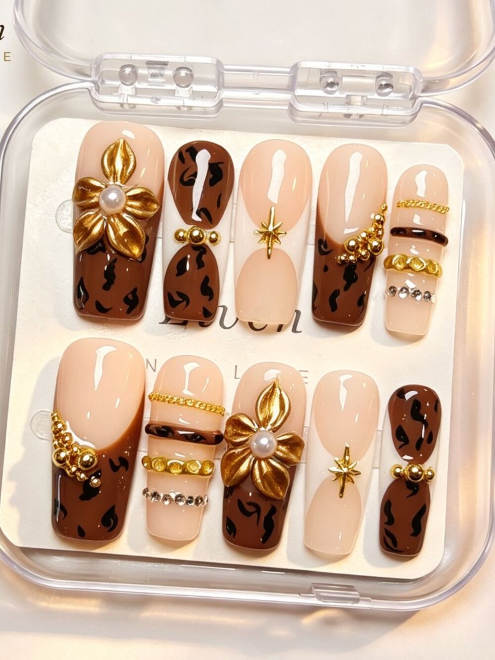 Brown leopard long square press on nails 3D gold flower pearl for autumn look